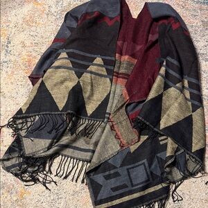 Geometric Fringe Wrap Scarf in Black, Olive & Burgundy